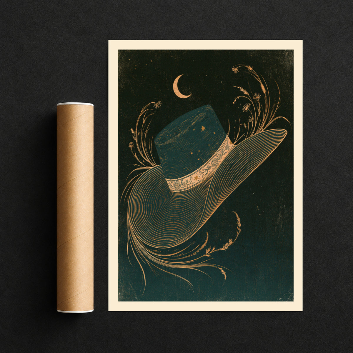 Celestial Straw Hat Art Print, Crescent Moon, Wildflowers, Dark Green Gold Boho Wall Decor Poster