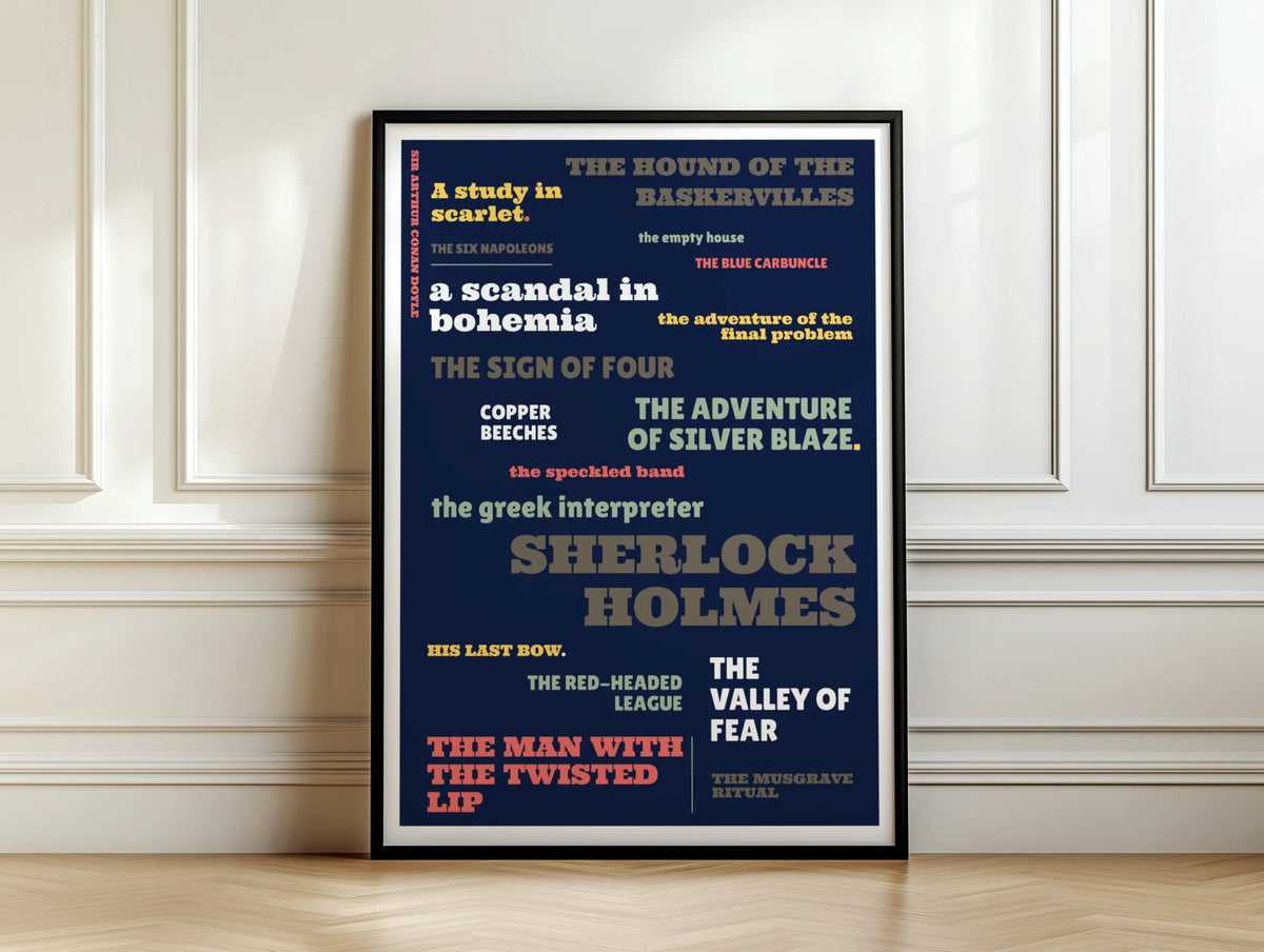 Sherlock Holmes Typography Poster, Conan Doyle Literary Print, Navy Blue Book Fan Art