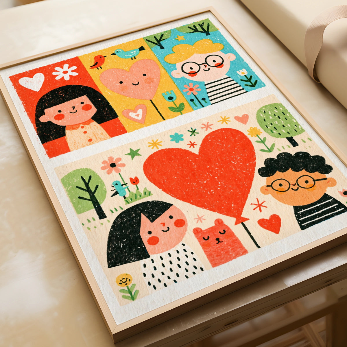 Retro Folk Art Kids Poster, Cute Children Heart Print, Colourful Nursery Wall Art Gift