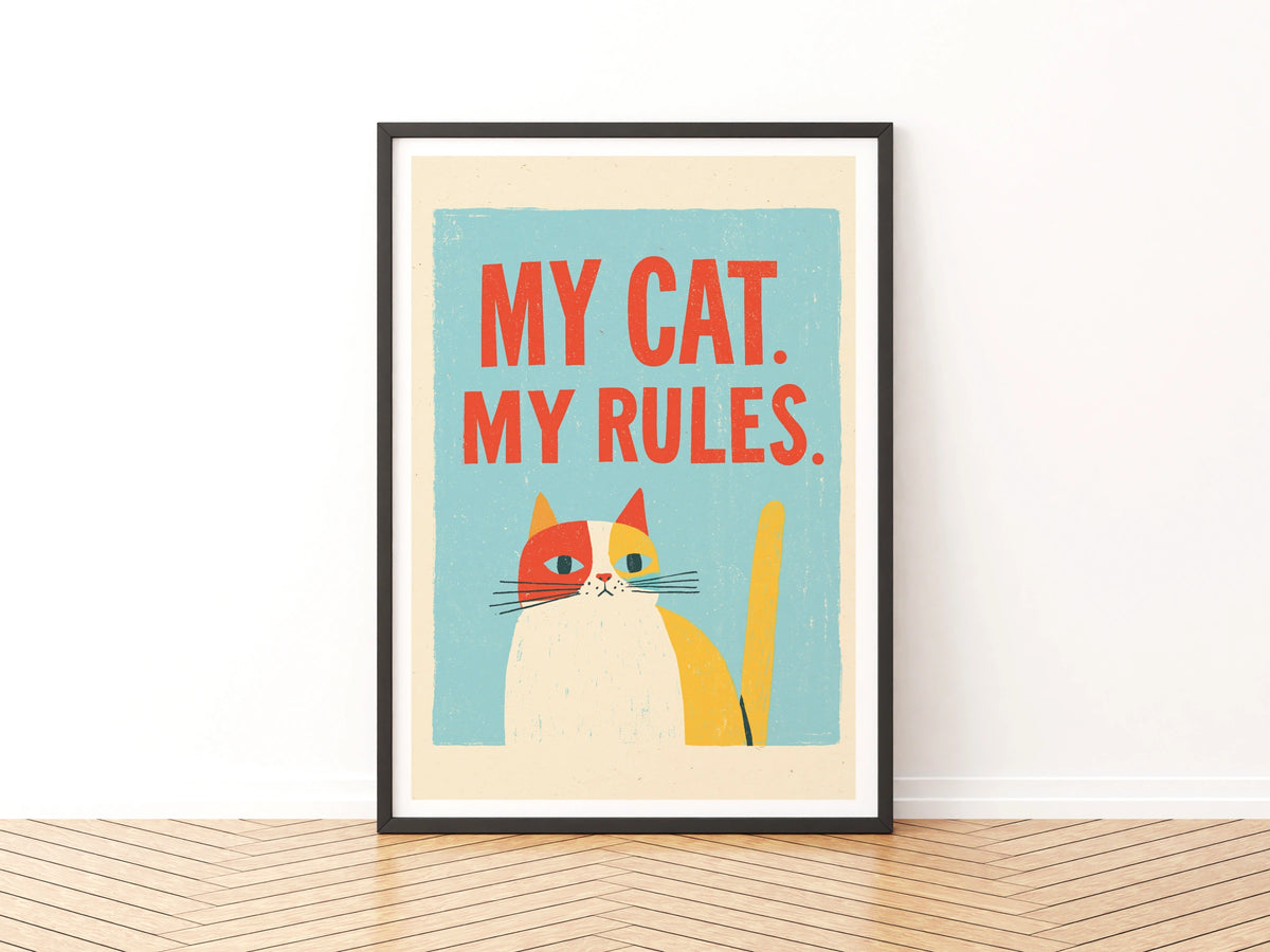 My Cat My Rules Print, Retro Cat Wall Art, Funny Cat Gift, Folk Style Cat Lovers Art