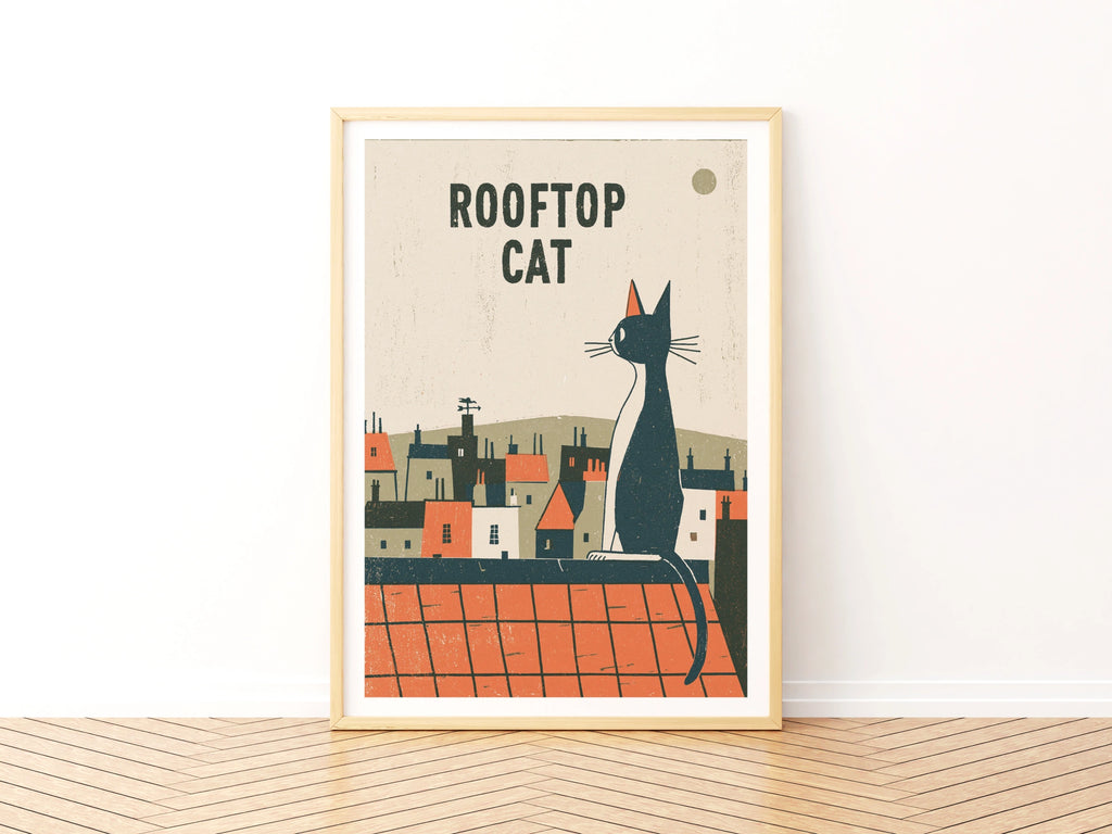 Rooftop Cat Print, Retro Black Cat Wall Art, Folk Style Cat Lover Gift, Vintage Town