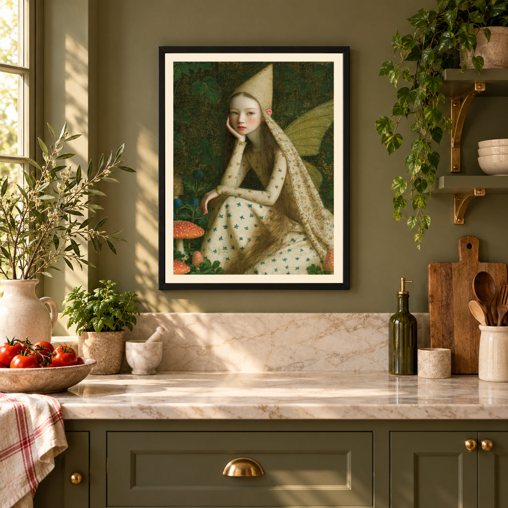 Woodland Fairy Art Print, Forest Mushroom Poster, Fairycore Wall Art, Whimsical Nature Portrait