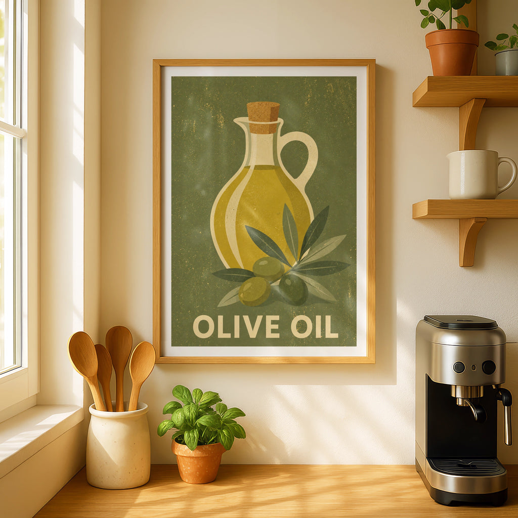 Olive Oil Vintage Food Poster Print | Rustic Kitchen Decor | Retro Mid Century Risograph Art