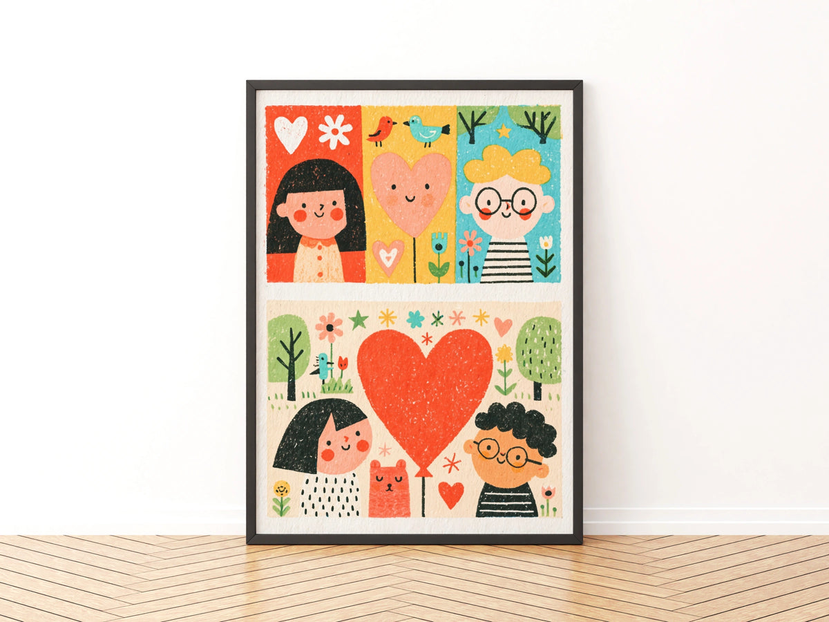 Retro Folk Art Kids Poster, Cute Children Heart Print, Colourful Nursery Wall Art Gift