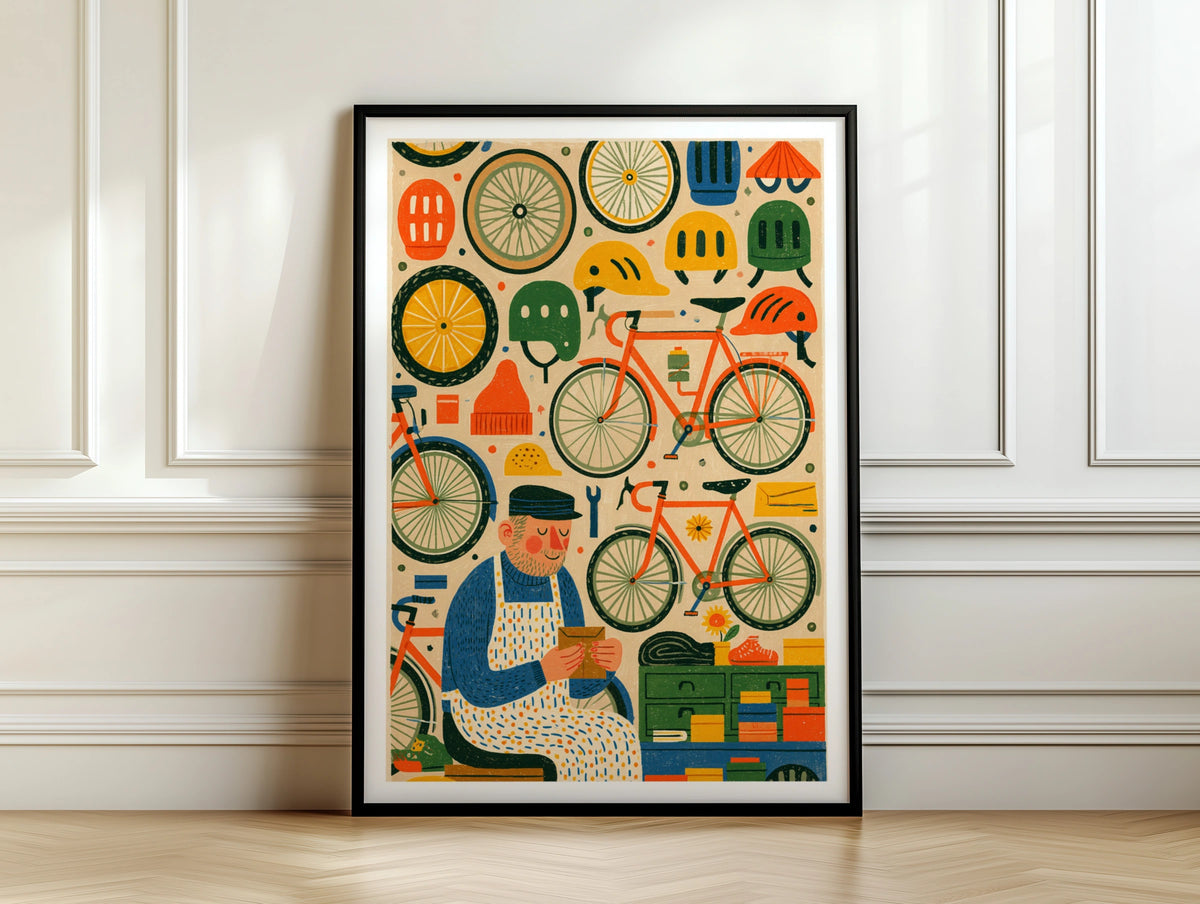 Retro Bicycle Mechanic Poster, Vintage Cycling Art Print, Bike Shop Wall Decor