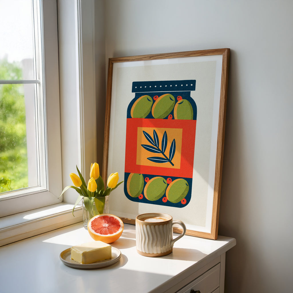 Olive Jar Print, Vintage Food Poster Print, Olive Jar Retro Mid Century Risograph, Rustic Kitchen Decor Wall Art