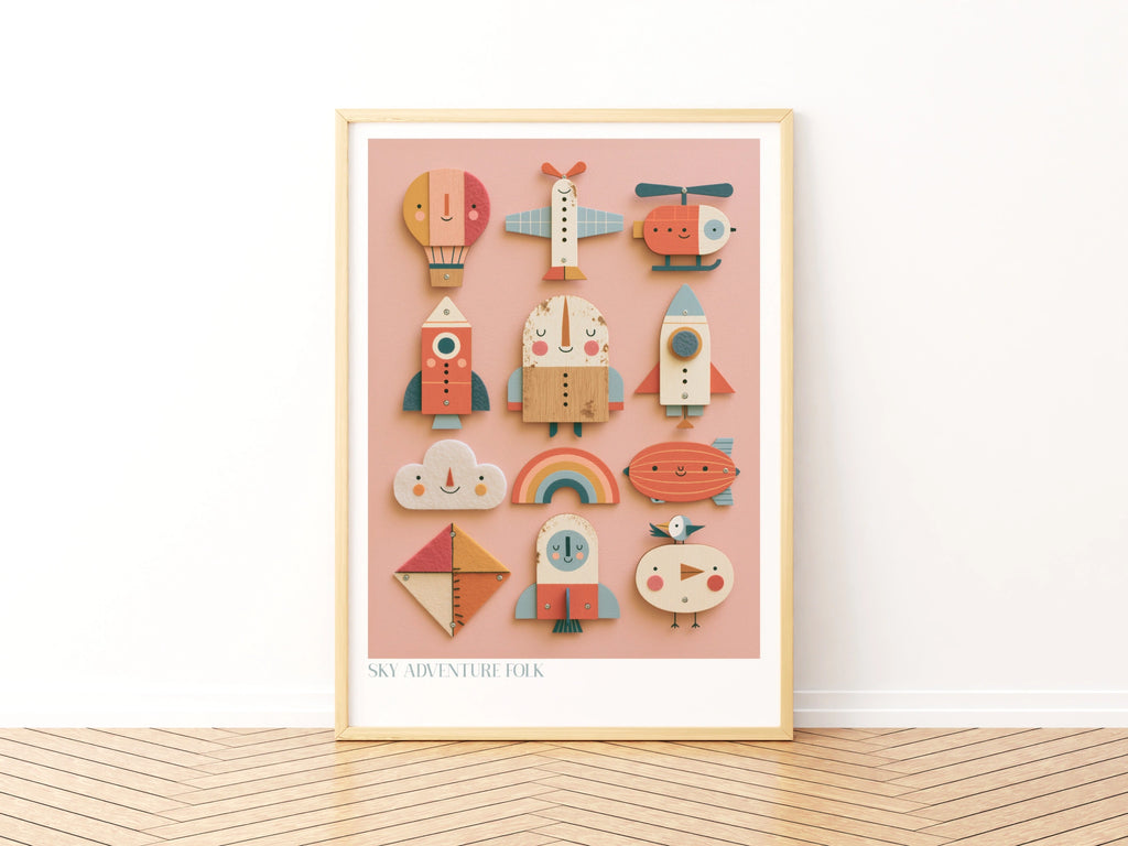 Sky Adventure Folk Retro Kids Print, Wooden Toy Art, Children's Collectable Nursery Poster