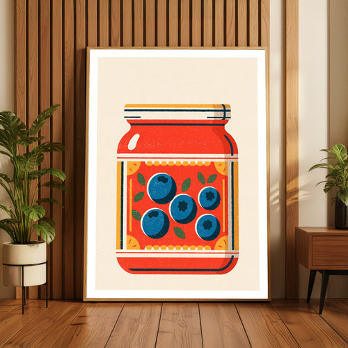 Vintage Food Poster Print | Rustic Kitchen Decor, Blueberry Jam Jar Art, Retro Pantry Wall Art