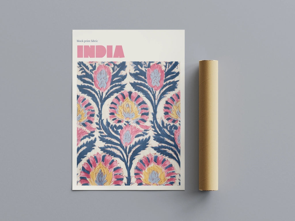 India Block Print Fabric Contemporary Travel Art, Floral Wall Art Print, Pink Blue