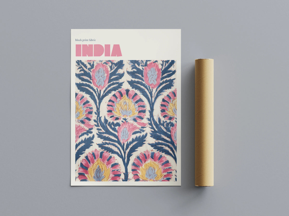 India Block Print Fabric Contemporary Travel Art, Floral Wall Art Print, Pink Blue