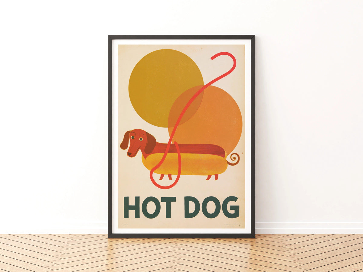 Hot Dog Dachshund Retro Print, Vintage Style Sausage Dog Wall Art, Mid Century