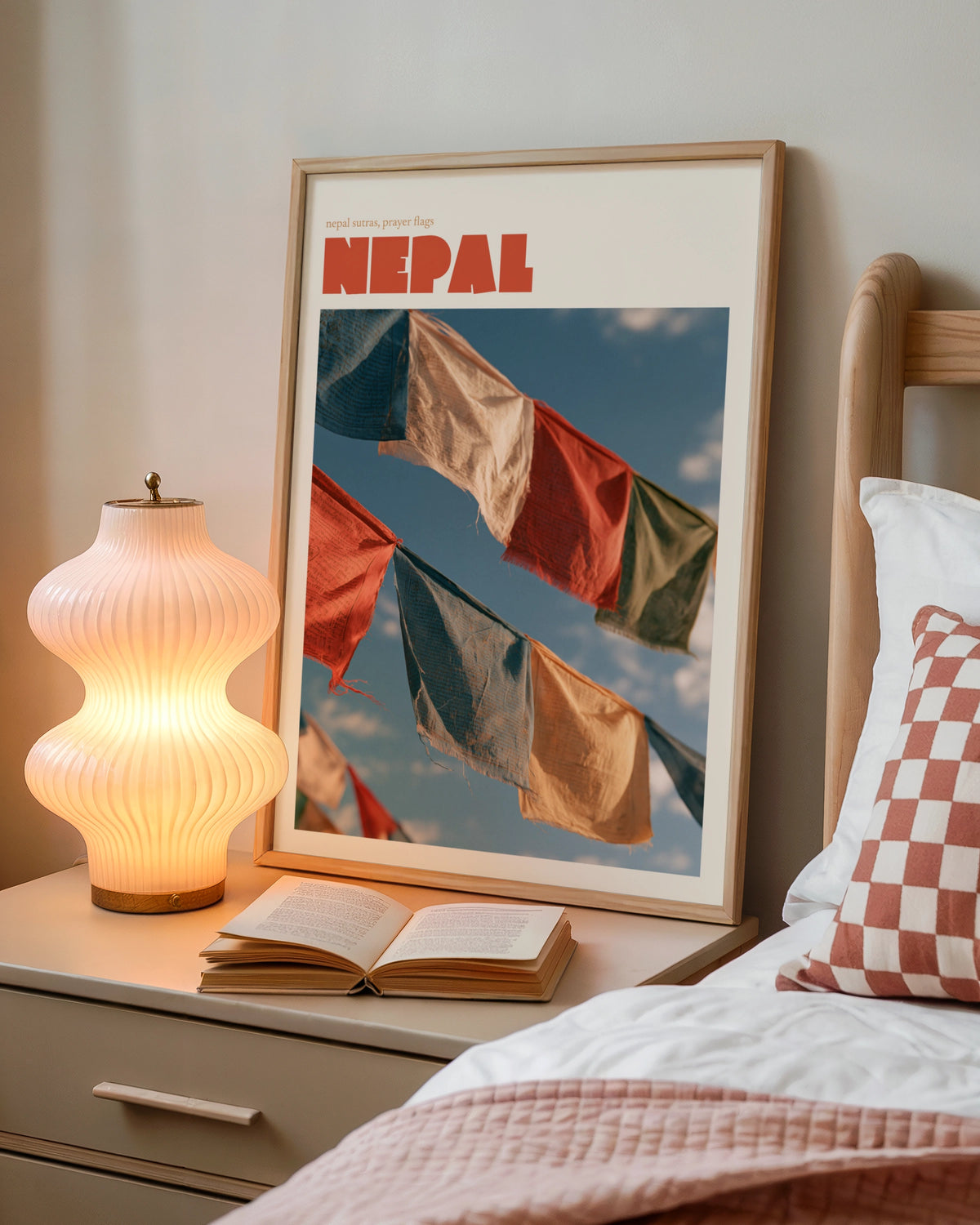 Nepal Prayer Flags Contemporary Travel Poster, Himalayan Wall Art, Vintage Travel Print