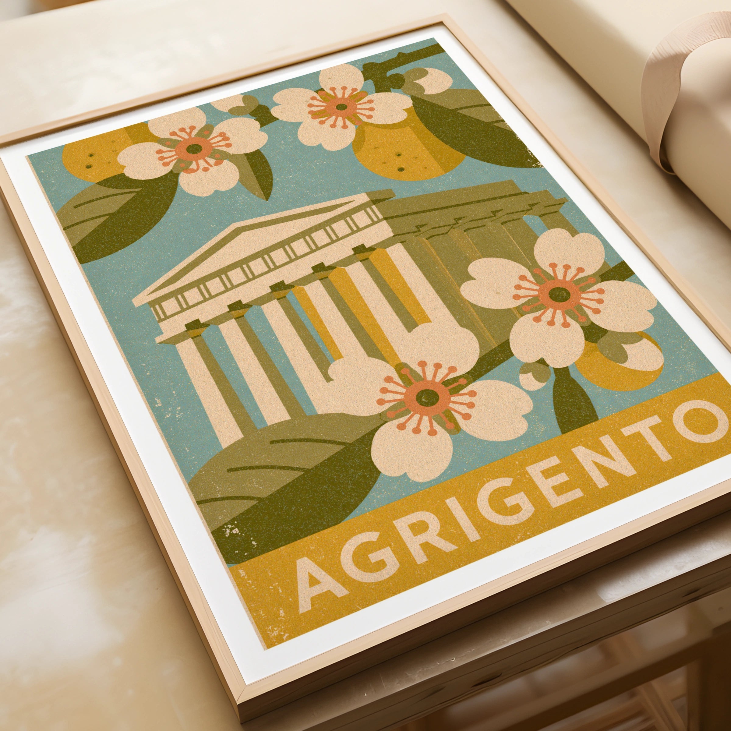 Agrigento Sicily Vintage Travel Poster, Italy Greek Temple Wall Art Print