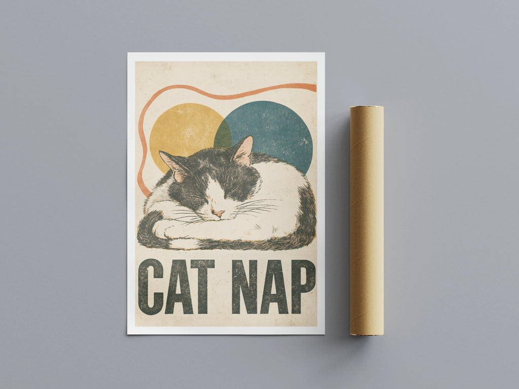Cat Nap Retro Print, Sleeping Cat Wall Art, Vintage Folk Style Tuxedo Cat, Gift for Cat Lovers