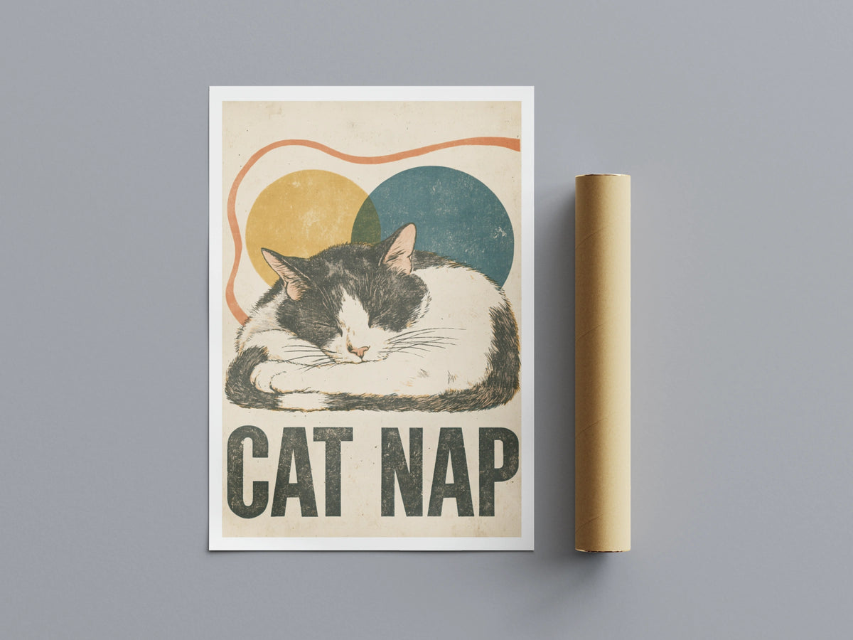 Cat Nap Retro Print, Sleeping Cat Wall Art, Vintage Folk Style Tuxedo Cat, Gift for Cat Lovers
