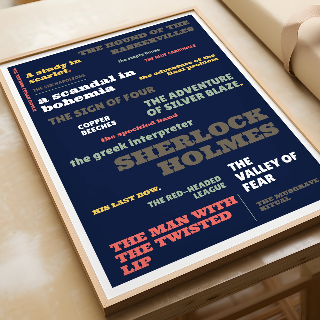 Sherlock Holmes Typography Poster, Conan Doyle Literary Print, Navy Blue Book Fan Art