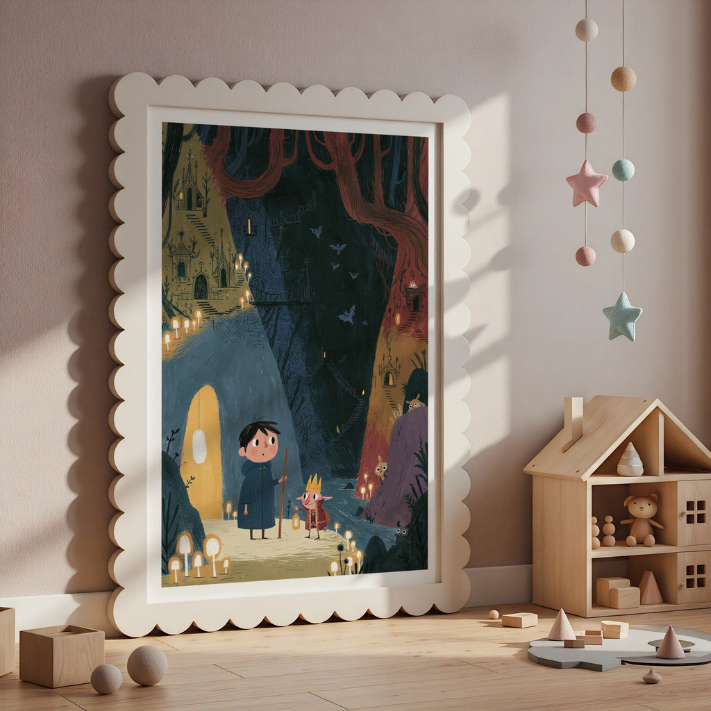 Retro Children's Fantasy Cave Print, Folk Art Kids Poster, Elf King Boy Adventure Wall Art