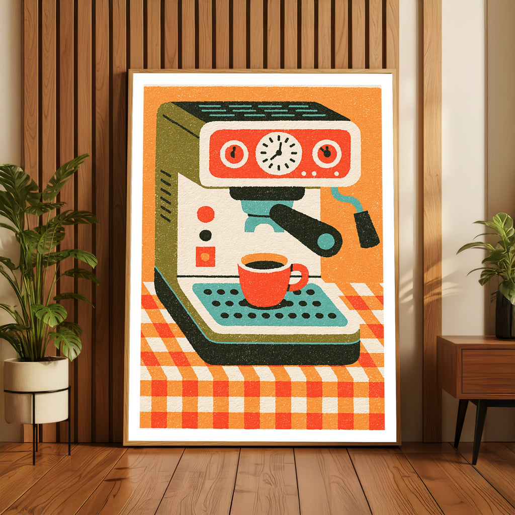 Retro Espresso Machine, Rustic Kitchen Decor, Mid Century Risograph Art