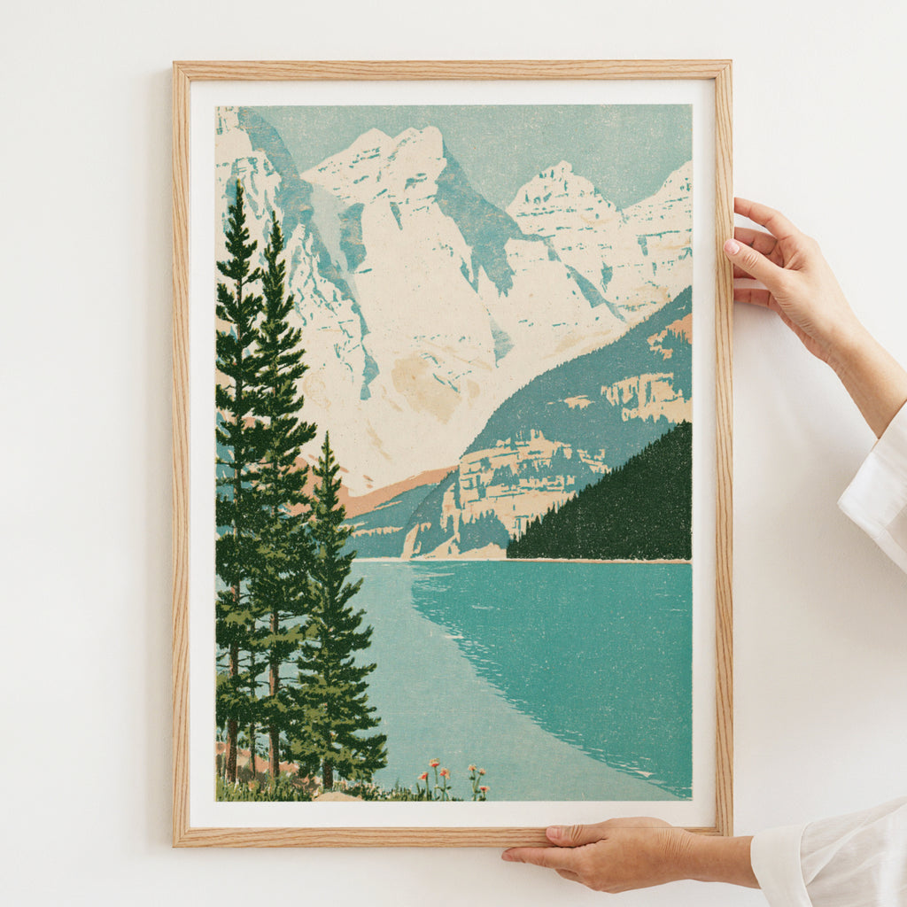 Retro Mountain Lake Wall Art, Vintage Travel Poster, Alpine Landscape Print, Pine Trees, Turquoise
