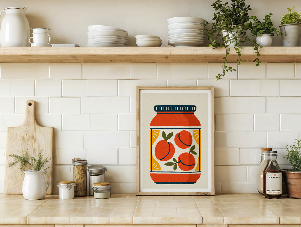 Vintage Food Poster Print, Peach Jam Jar, Rustic Kitchen Decor, Retro Mid Century Risograph Art