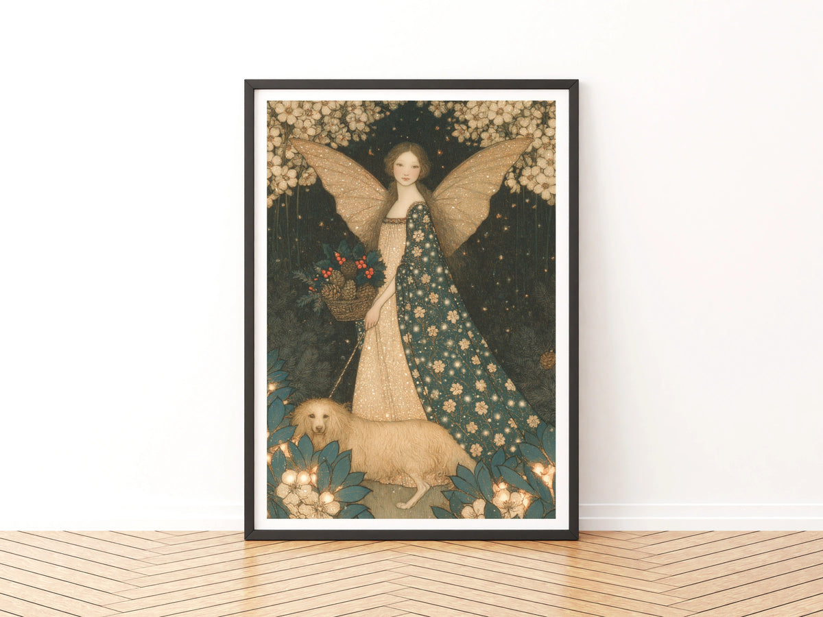 Winter Fairy Print, Christmas Angel Poster, Vintage Folk Art, Teal Gold Festive Wall Art