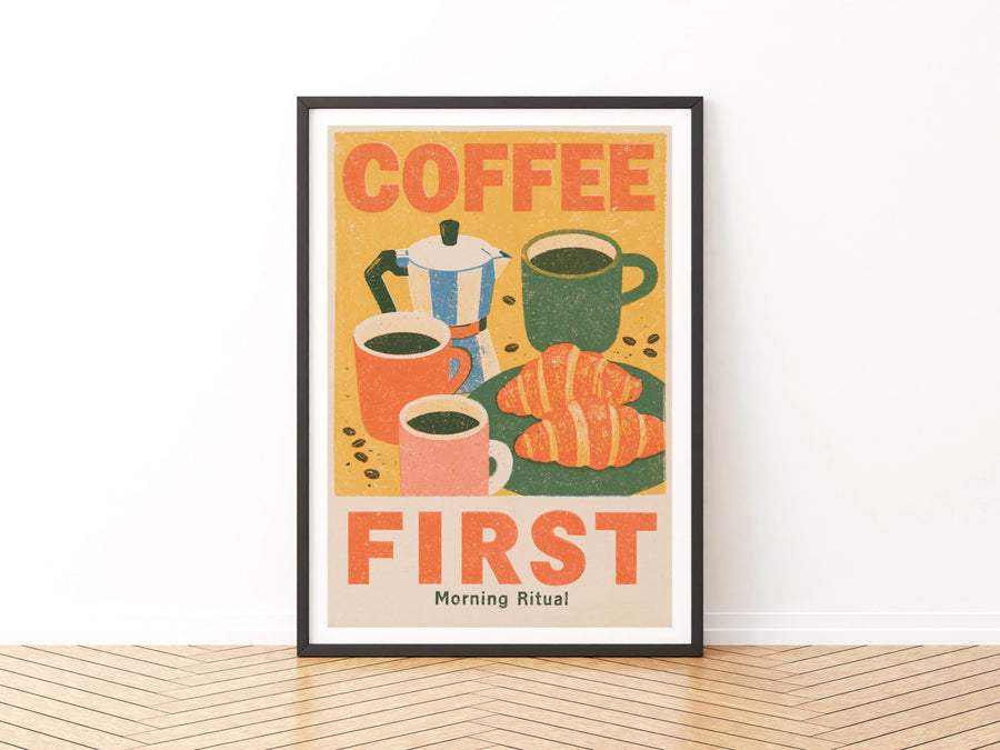 Coffee First Vintage Food Poster Print | Rustic Kitchen Decor | Retro Mid Century Risograph