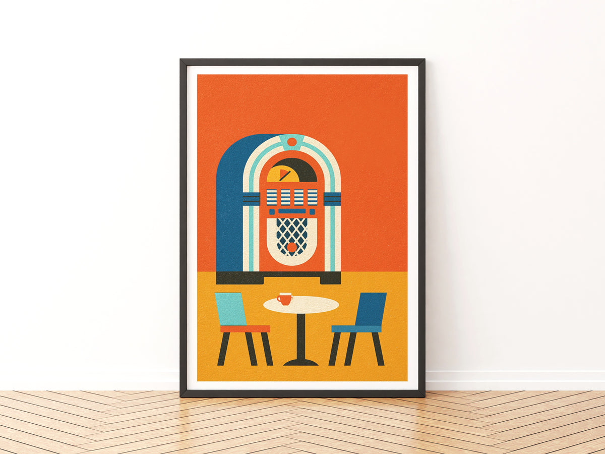 Retro Jukebox Poster, Vintage Diner Wall Art Print, 1950s Music Orange Blue Decor