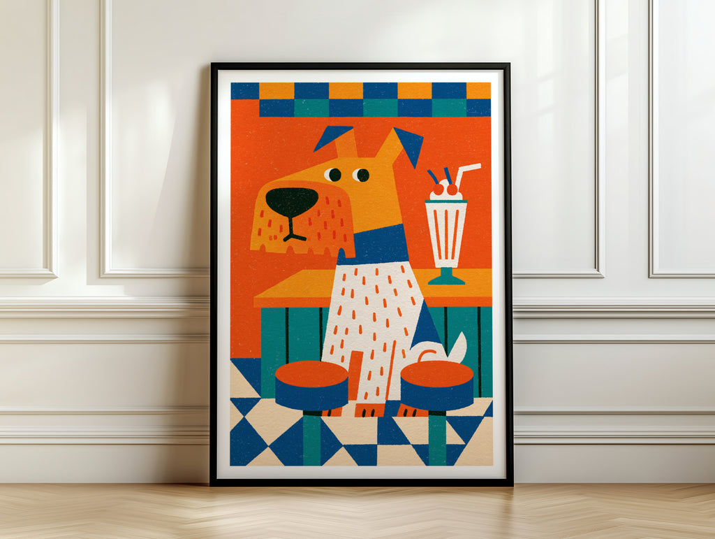 Retro Diner Dog Poster, Vintage Milkshake Wall Art, Colourful Fun Dog Print for Kitchen