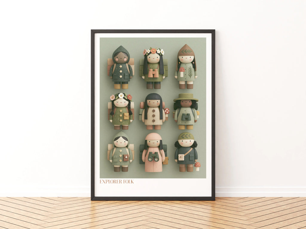 Explorer Folk Kids Poster, Retro Children's Print, Woodland Toy Art, Sage Green Nursery Wall Art