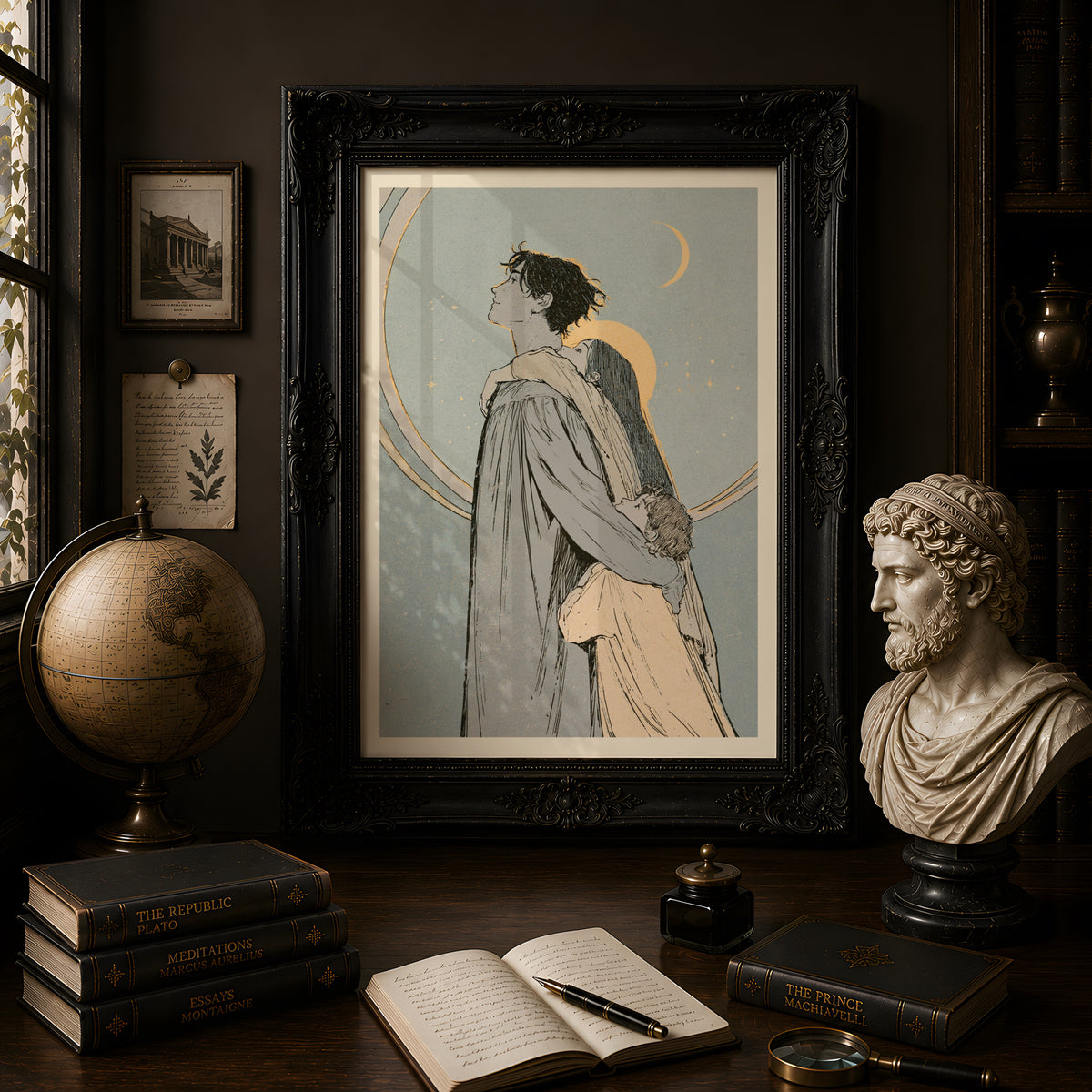 Celestial Family Embrace Art Print, Crescent Moon and Stars Wall Art, Art Nouveau Vintage Style