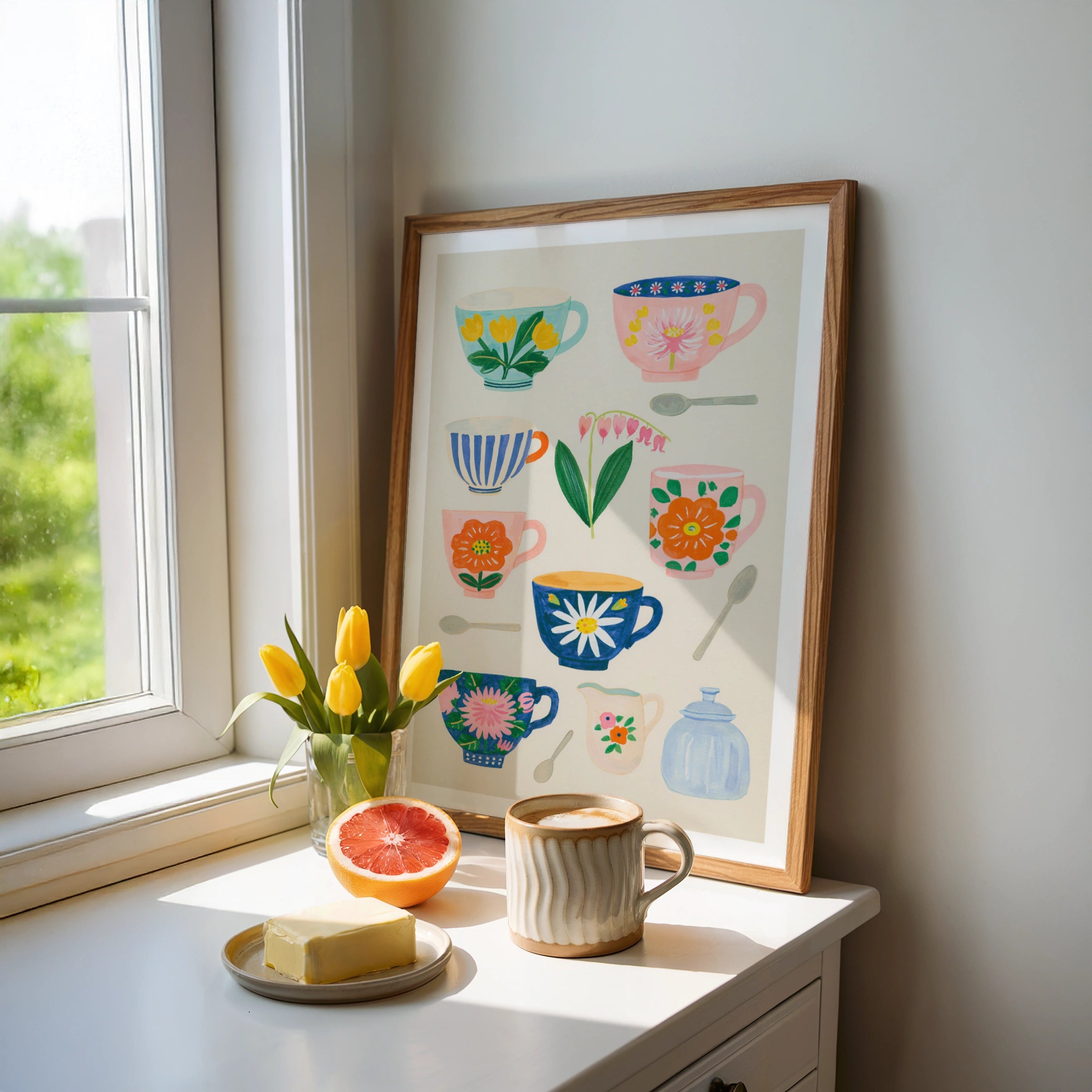 Vintage Tea Cup Poster Print | Rustic Kitchen Decor | Retro Mid Century Risograph Floral