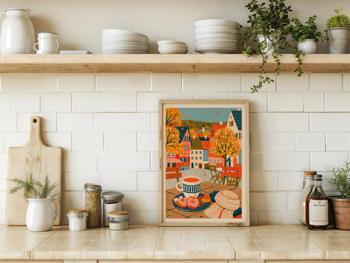 Vintage Food Poster Print, Autumn Cafe Scene, Rustic Kitchen Decor, Retro Mid Century Risograph Art