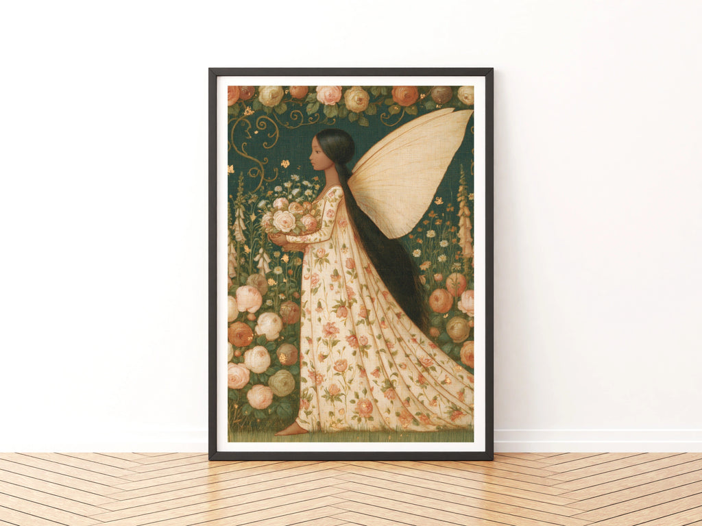 Flower Fairy Garden Classic Inspired Print, Floral Folk Art Poster, Cottagecore Wall Art, Botanical