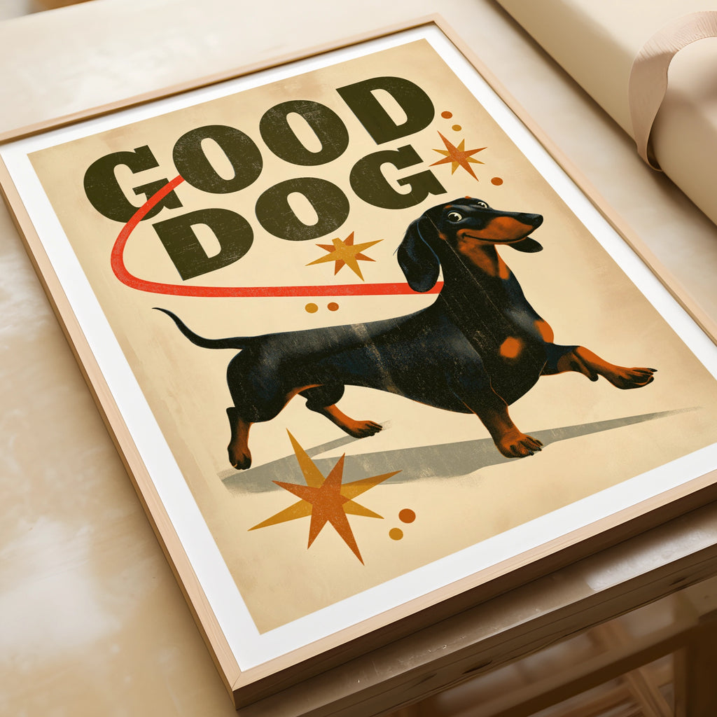 Good Dog Dachshund Retro Poster, Sausage Dog Wall Art, Vintage Folk Print, Dog Lover Gift