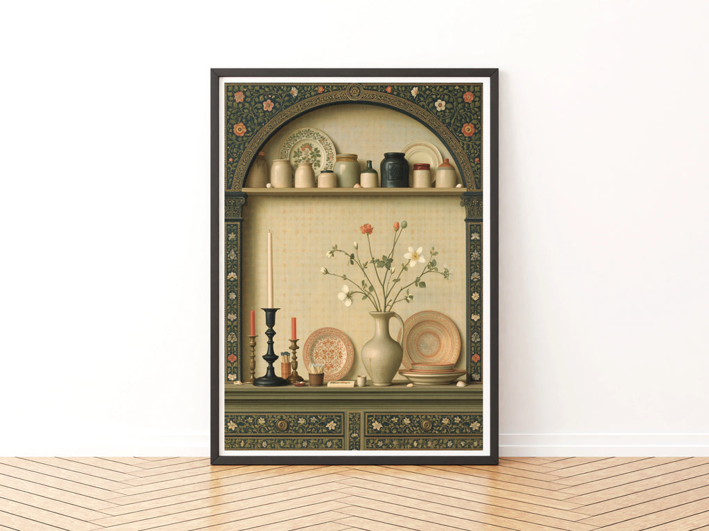 Classic Kitchen Shelf Still Life Print, Vintage Pottery Floral Wall Art Poster