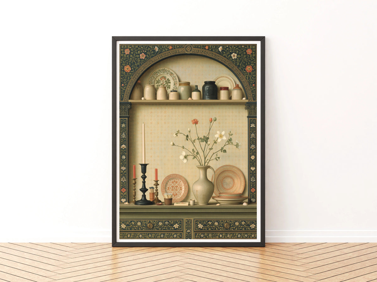 Classic Kitchen Shelf Still Life Print, Vintage Pottery Floral Wall Art Poster