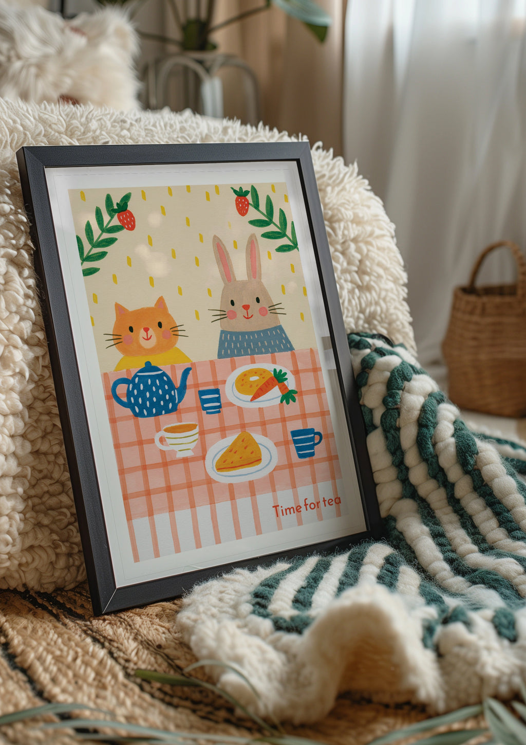 Time for Tea Retro Children's Print, Cat Rabbit Tea Party Poster, Kids Wall Art