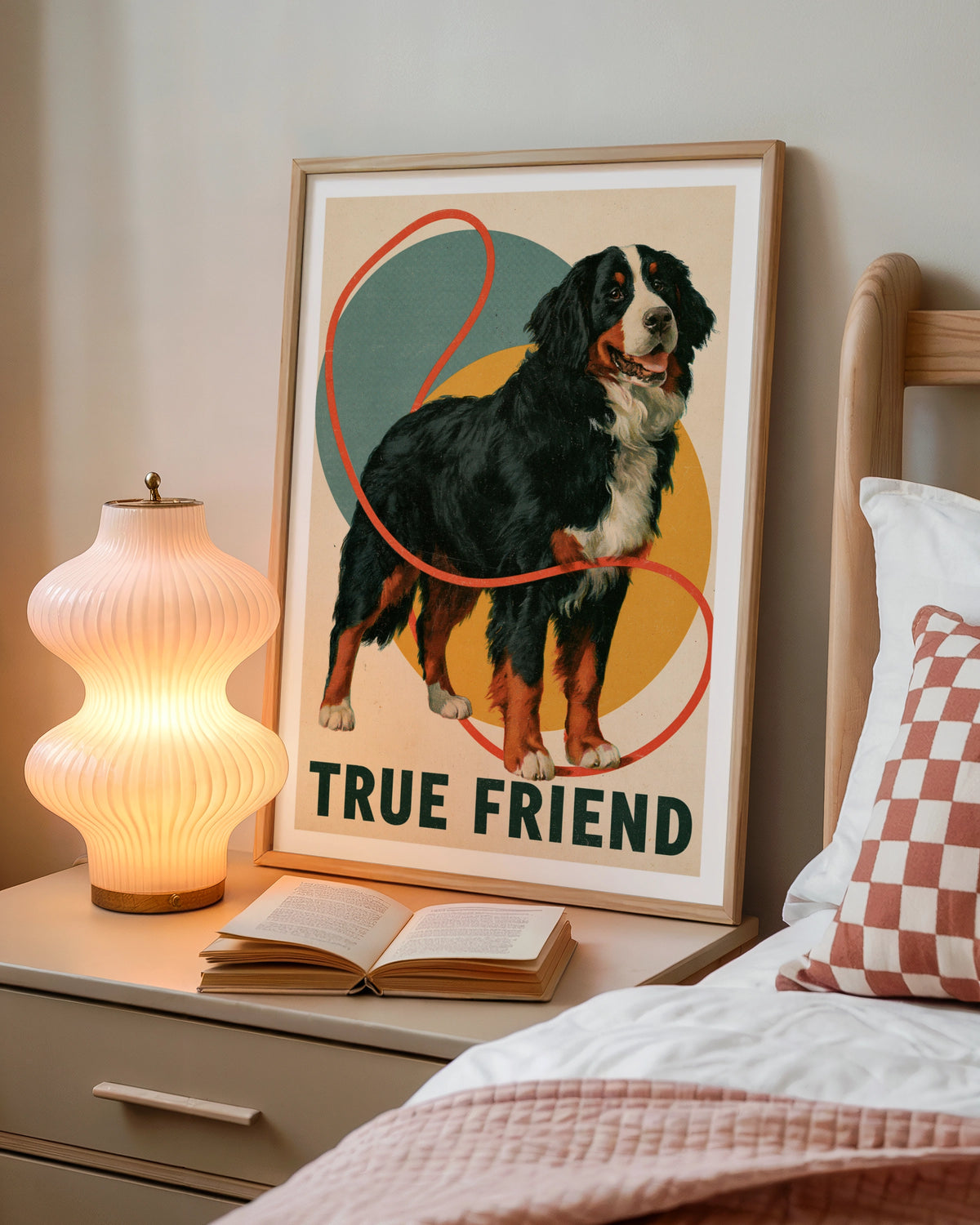Bernese Mountain Dog Retro Print, True Friend Folk Art, Vintage Dog Wall Art Gift