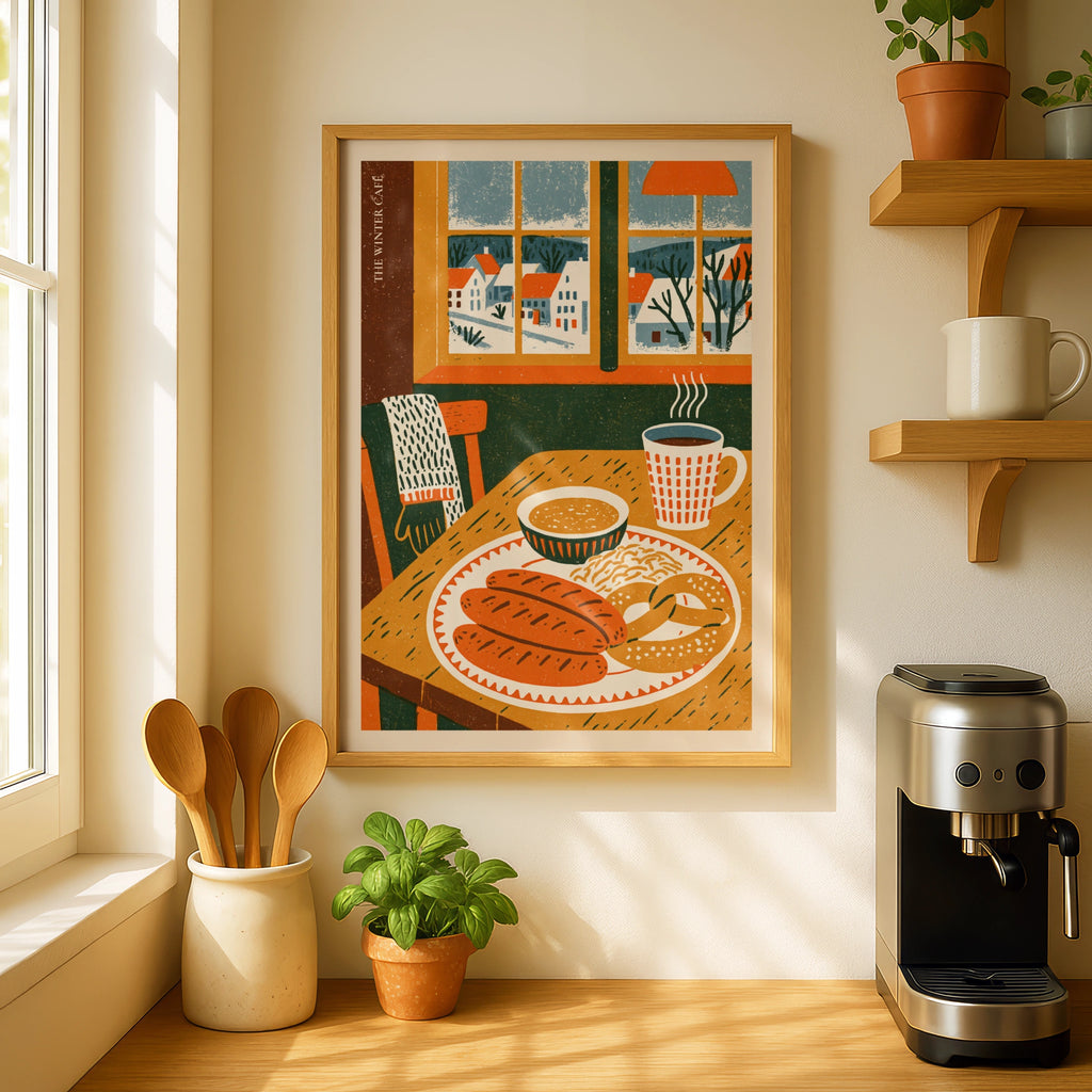 Vintage Food Poster Print, Winter Cafe, Rustic Kitchen Decor, Retro Mid Century Risograph Art
