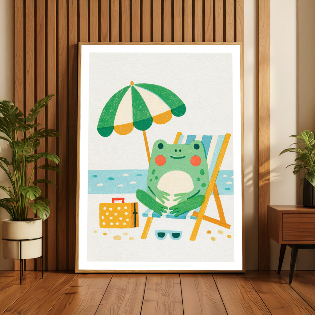 Retro Frog Beach Print, Vintage Style Wall Art, Cute Frog Poster, Kids Room Nursery Decor
