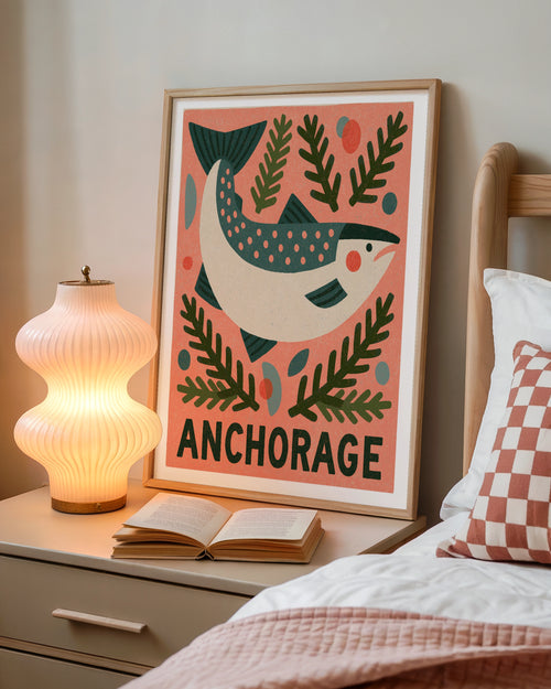 Anchorage Alaska Retro Travel Poster, Salmon Fish Print, Vintage National Park Wall Art