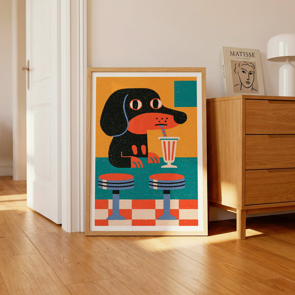 Retro Dachshund Diner Art Print, Sausage Dog Milkshake, Funky Dog Wall Art, 1950s Folk Style