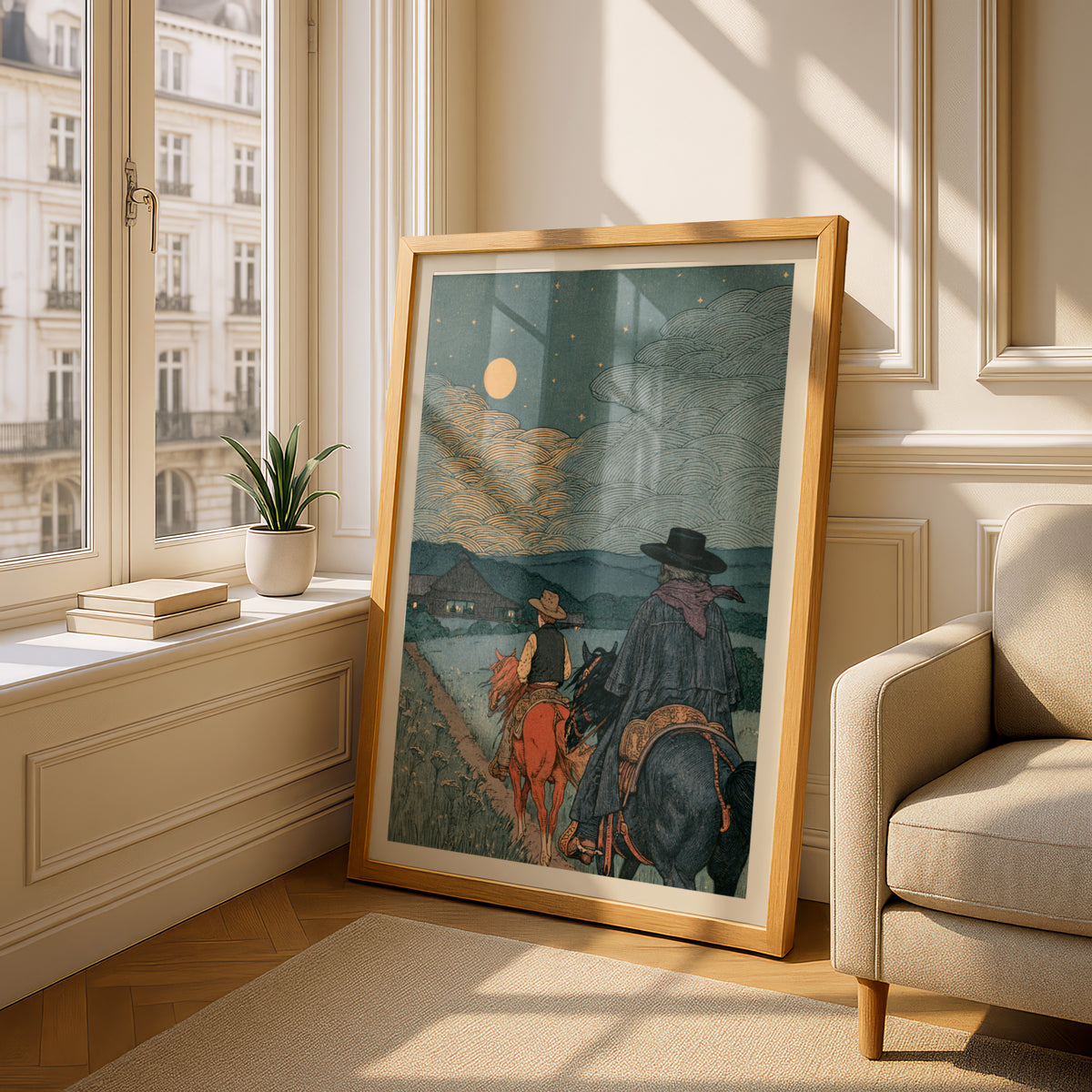 Western Cowboy Wall Art, Night Ride Poster, Moonlit Ranch Landscape Print, Rustic Nature Decor