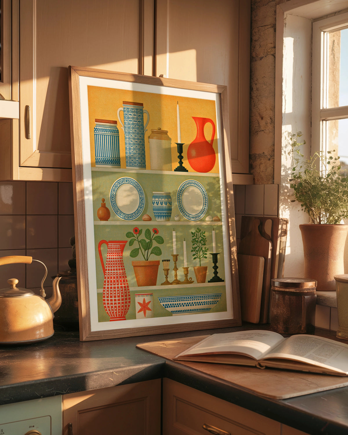 Vintage Dresser Shelf Still Life Print, Folk Pottery Wall Art, Classic Inspired Kitchen Poster