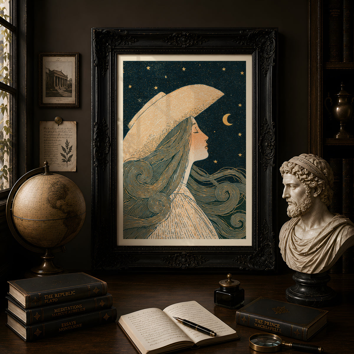 Celestial Woman Moon Stars Art Nouveau Print, Vintage Night Sky Wall Art, Whimsical Bedroom Poster