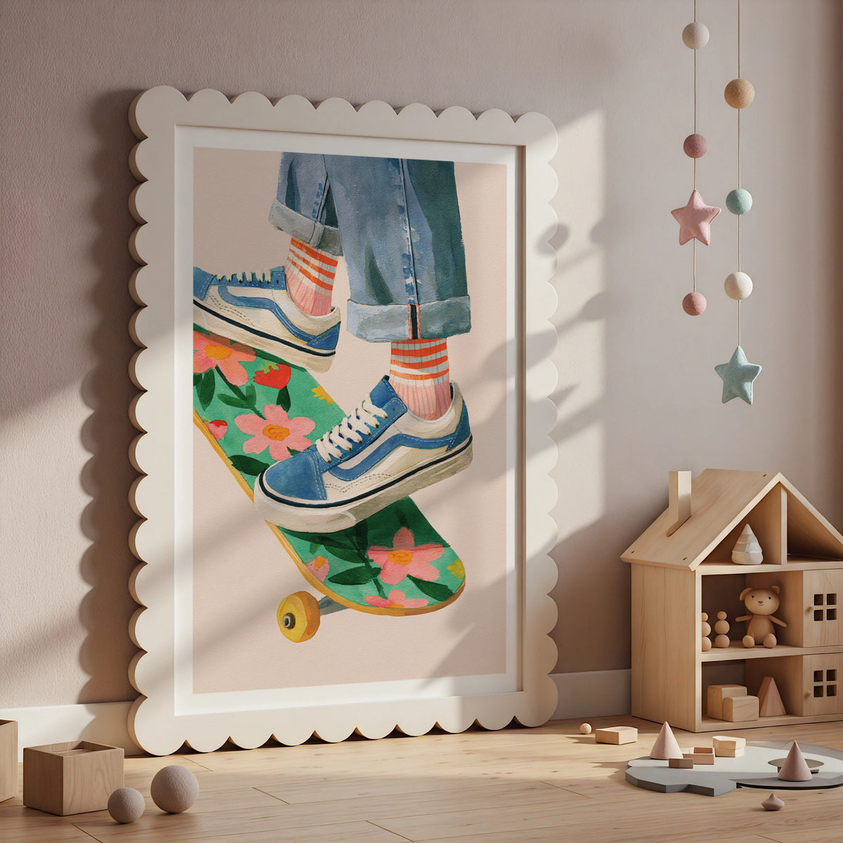 Retro Skater Print, Floral Skateboard Poster, Kids Room Wall Art, Colourful Children's Collectable