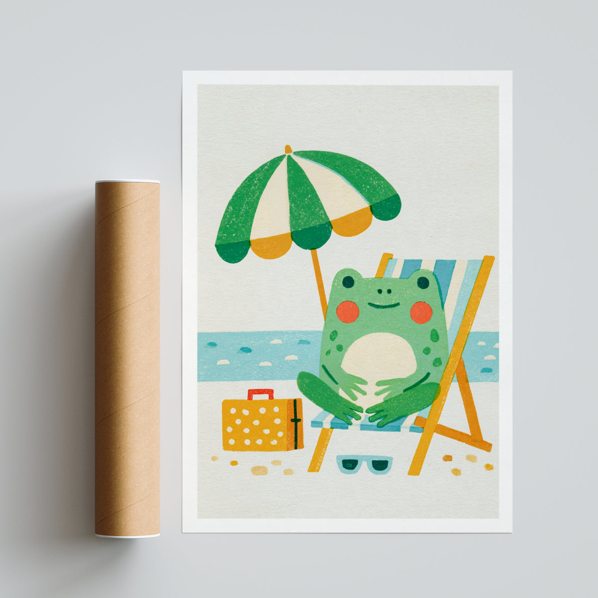 Retro Frog Beach Print, Vintage Style Wall Art, Cute Frog Poster, Kids Room Nursery Decor
