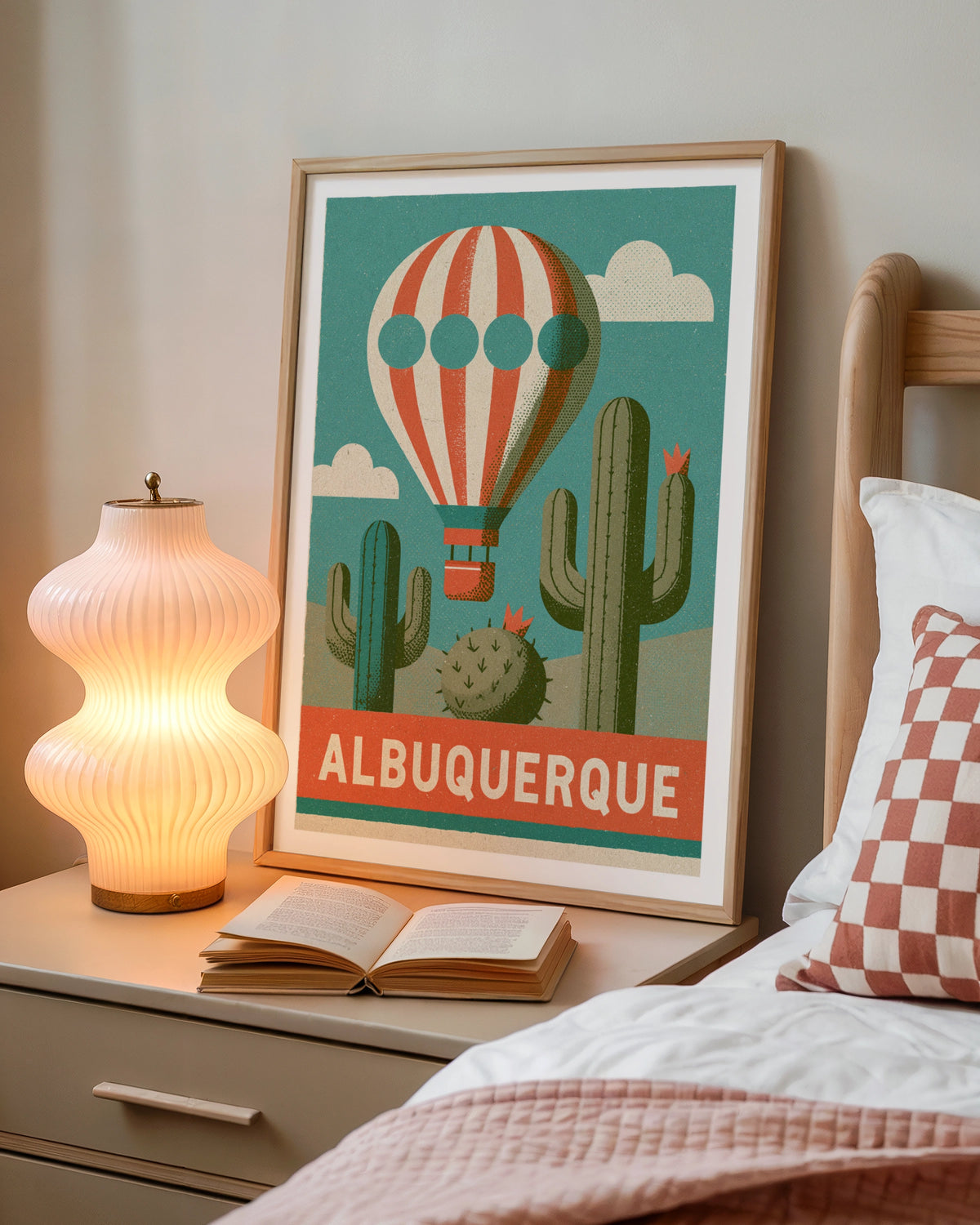 Albuquerque Retro Travel Poster, New Mexico Hot Air Balloon Cactus Desert Wall Art Print