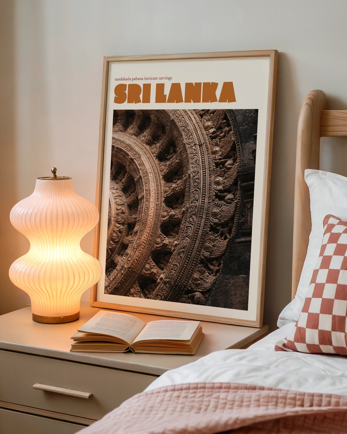 Sri Lanka Retro Travel Poster, Sandakada Pahana Stone Carving, Temple Wall Art Print