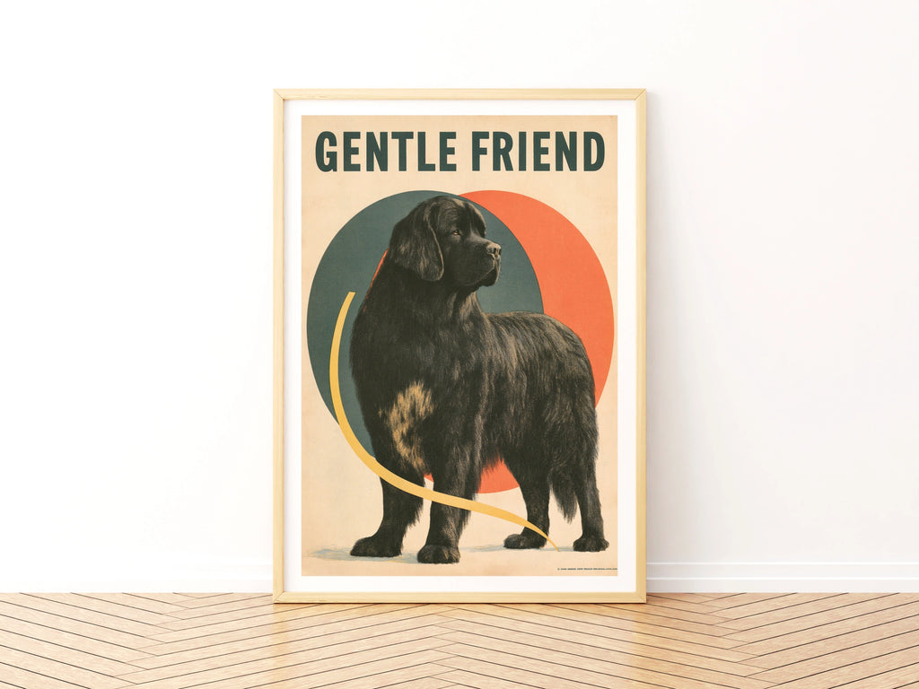 Retro Newfoundland Dog Poster, Gentle Friend Black Dog Print, Vintage Folk Wall Art